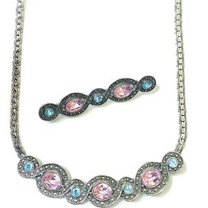 Silver Tone Multicolor Crystal Bib Necklace & Brooch